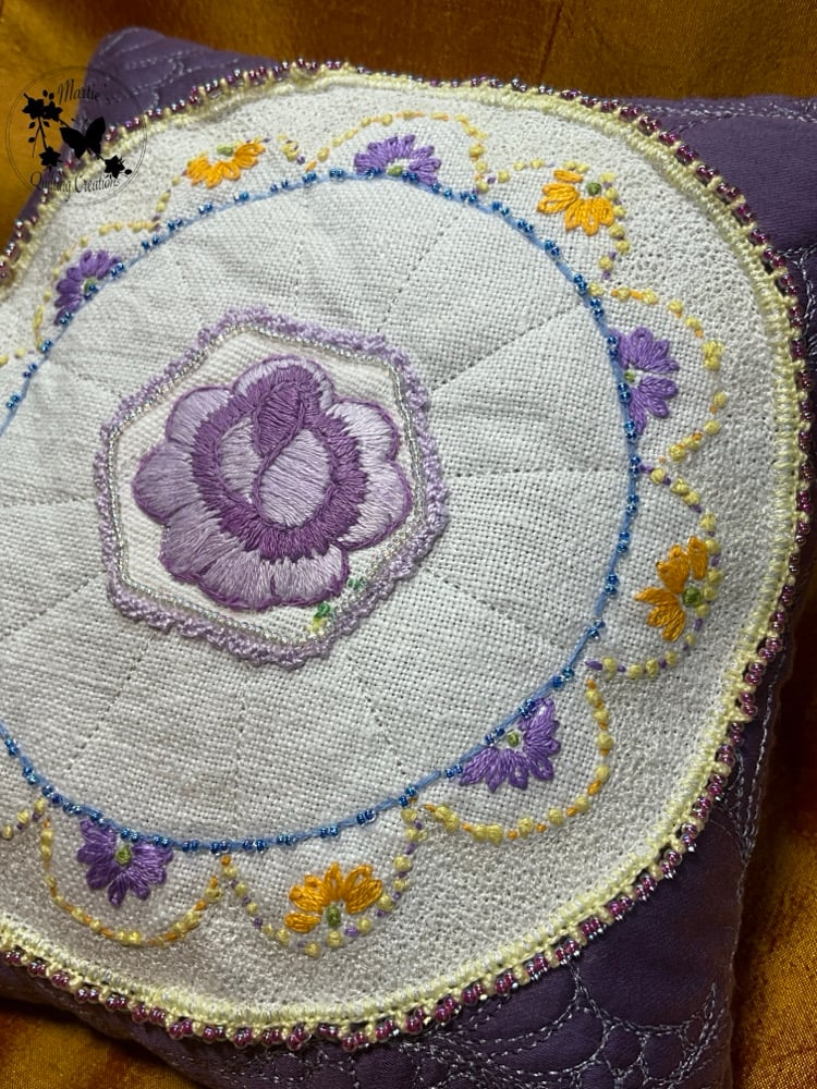 Image of Vintage Pincushion- Purple Rose Embroidered Doily
