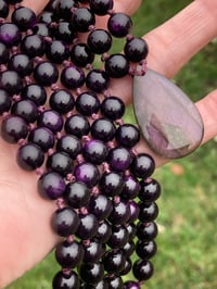Image 4 of Purpurite Mala with Purple Labradorite Pendant, Purpurite 108 Bead Hand Knotted Gemstone Mala