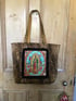  shoulder bag in leopard fabric with Virgin of Guadalupe patch and black or gold fringing Image 14