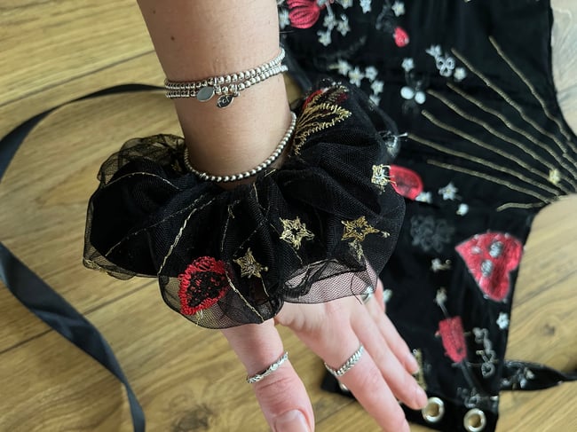 Gold embroidered star and moon scrunchie