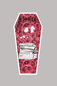 Image 4 of Coffin shaped laminated bookmark//skull//books//cobwebs//roses