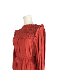 Image 4 of Rust Red Mock Neck Smocked Bodice Pleated Midi Dress – Long Sleeve Boho Fall Dress Size Small NWOT