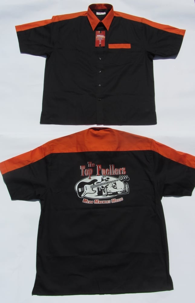 Image of Bowling Shirt, BACK PRINT, Black with Orange Trim