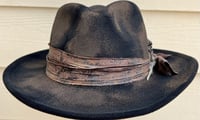 Image 1 of Black Painted Brown Fedora Hat Fabic and Feather Band