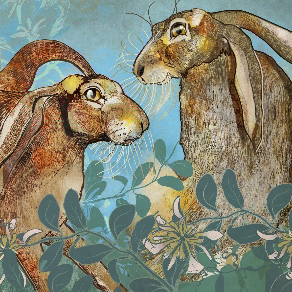Image of Hares in Honeysuckle
