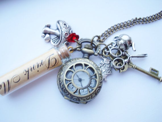 Image of Wonderland Drink Me Alice Glass Bottle Pocket Watch Necklace