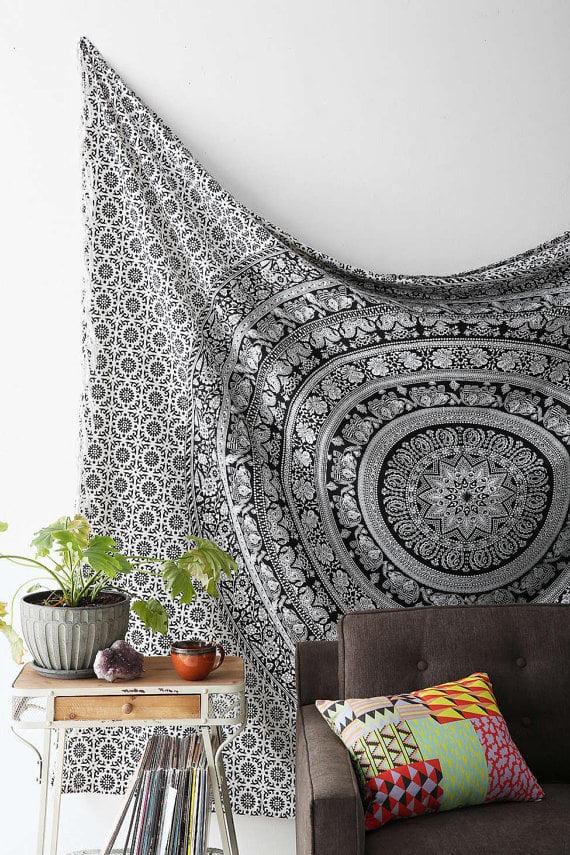 Image of White & Black Elephant Wall Hanging Tapestry Bedspread Beach Throw Available in Queen & Twin Size