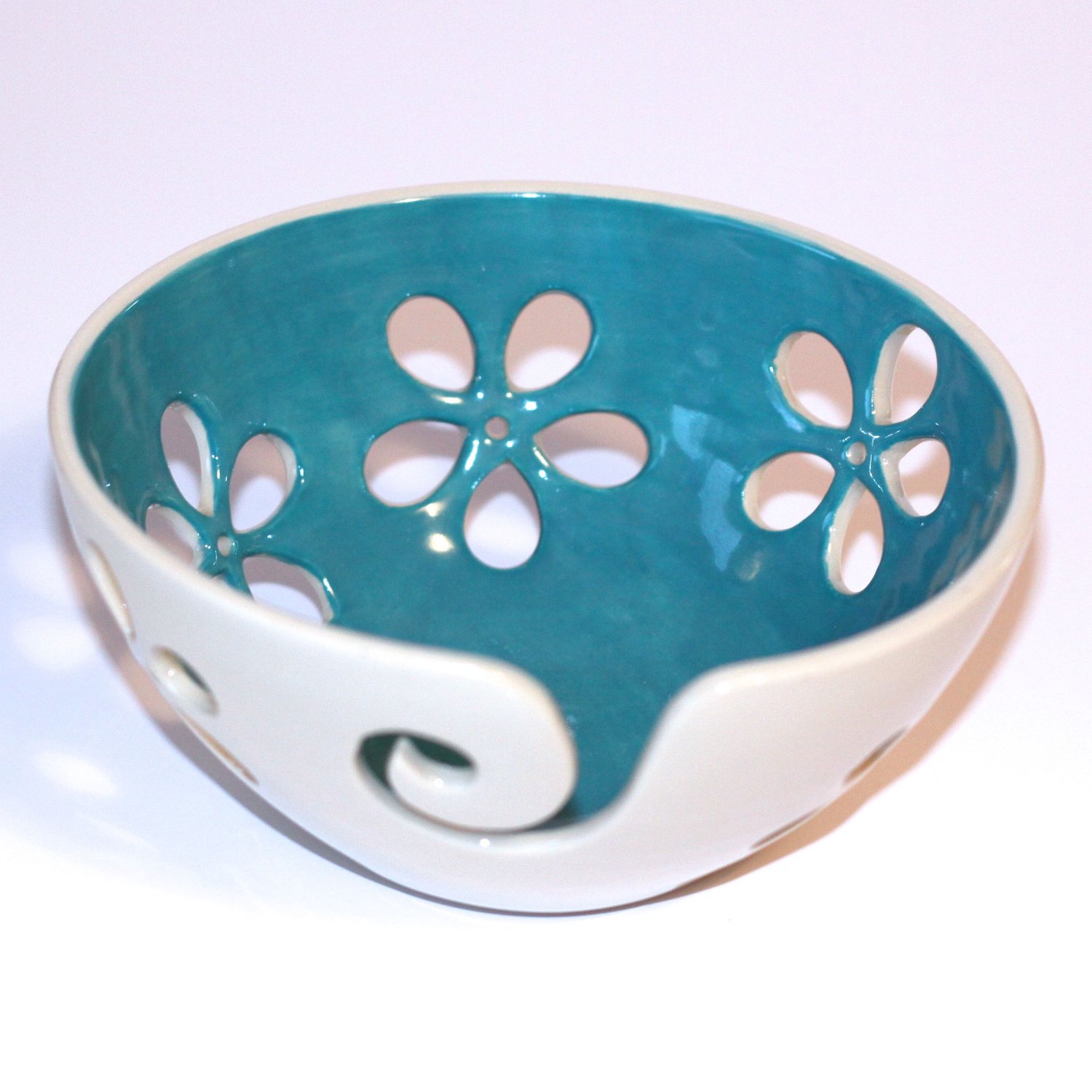 Image of Turquoise flower Yarn Bowl, Knitting Bowl, Crochet Bowl, Ready to Ship