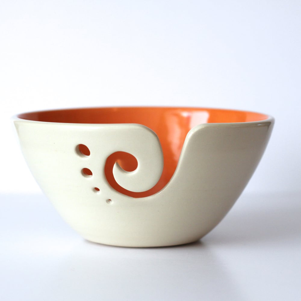 Image of Orange Yarn Bowl / Knitting Bowl /Orange and White Yarn Bowl / 6 inch Yarn Bowl / Ready to Ship