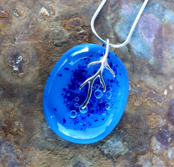 Handmade Blue Fused Glass Pendant Necklace with Bubbles and Sterling Silver - Laura Pettifar Designs