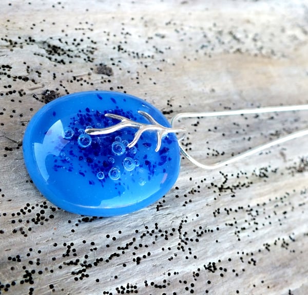 Handmade Blue Fused Glass Pendant Necklace with Bubbles and Sterling Silver - Laura Pettifar Designs