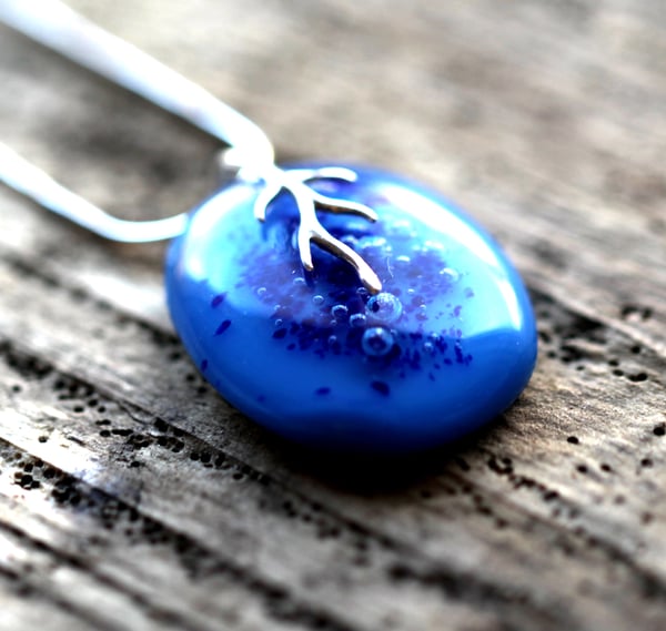 Handmade Blue Fused Glass Pendant Necklace with Bubbles and Sterling Silver - Laura Pettifar Designs