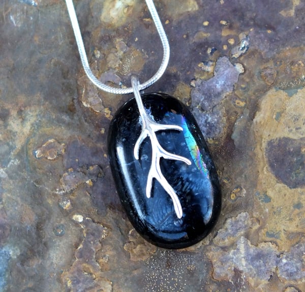 Small Handmade Black / Grey Fused Glass Pendant Necklace with Sterling Silver Bail and Chain - Laura Pettifar Designs