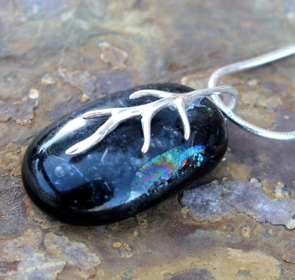 Small Handmade Black / Grey Fused Glass Pendant Necklace with Sterling Silver Bail and Chain - Laura Pettifar Designs
