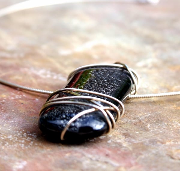 Black Bubble Fused Glass Pendant Necklace with Sterling Silver and a Sterling Silver Chain - Laura Pettifar Designs