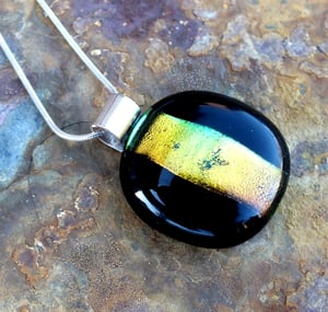 Black and Gold Handmade Fused Glass Pendant Necklace with Dichroic Glass and Sterling Silver - Laura Pettifar Designs