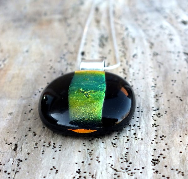 Black and Gold Handmade Fused Glass Pendant Necklace with Dichroic Glass and Sterling Silver - Laura Pettifar Designs