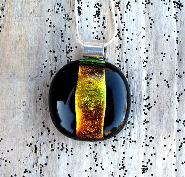 Black and Gold Handmade Fused Glass Pendant Necklace with Dichroic Glass and Sterling Silver - Laura Pettifar Designs
