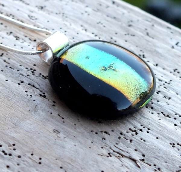 Black and Gold Handmade Fused Glass Pendant Necklace with Dichroic Glass and Sterling Silver - Laura Pettifar Designs