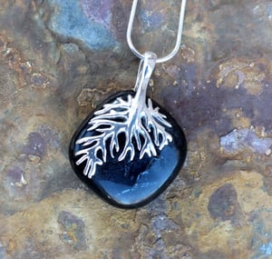 Handmade Black / Grey Fused Glass Pendant Necklace with Sterling Silver Tree Bail and Chain - Laura Pettifar Designs