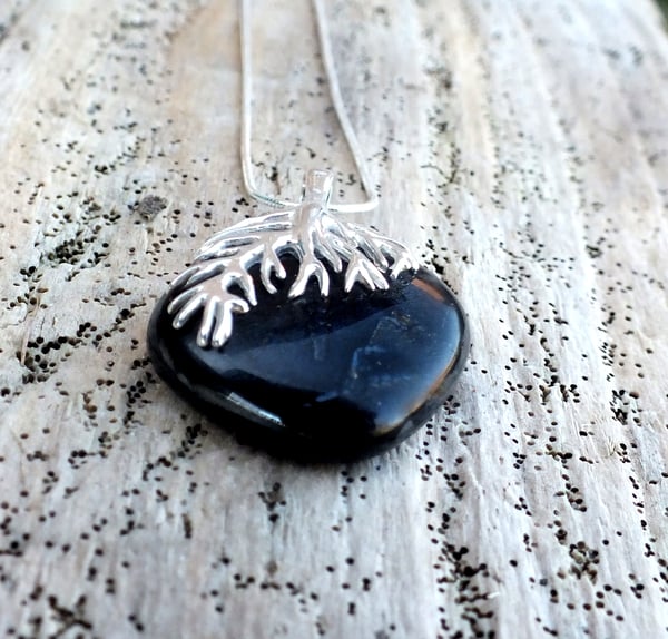 Handmade Black / Grey Fused Glass Pendant Necklace with Sterling Silver Tree Bail and Chain - Laura Pettifar Designs