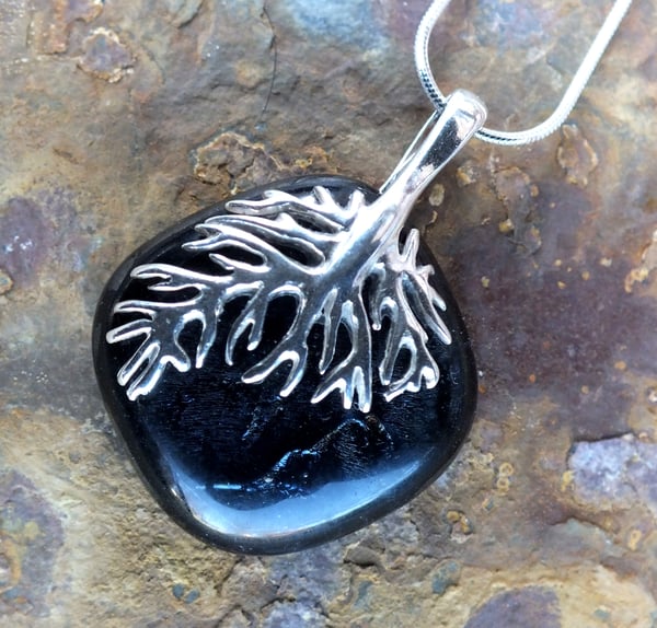 Handmade Black / Grey Fused Glass Pendant Necklace with Sterling Silver Tree Bail and Chain - Laura Pettifar Designs