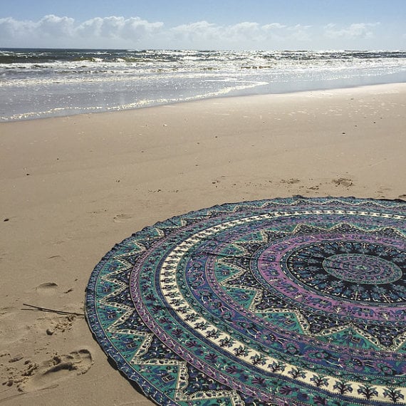 Image of Beige Mandala Round roundie Beach Throw Towel