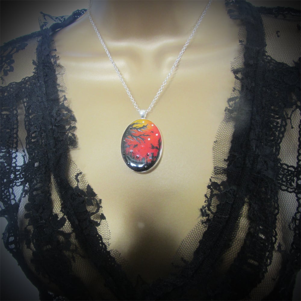 Halloween Sunset Oval Silver Pendant