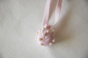 Image of "pearls on ribbon", necklace, pink and beige