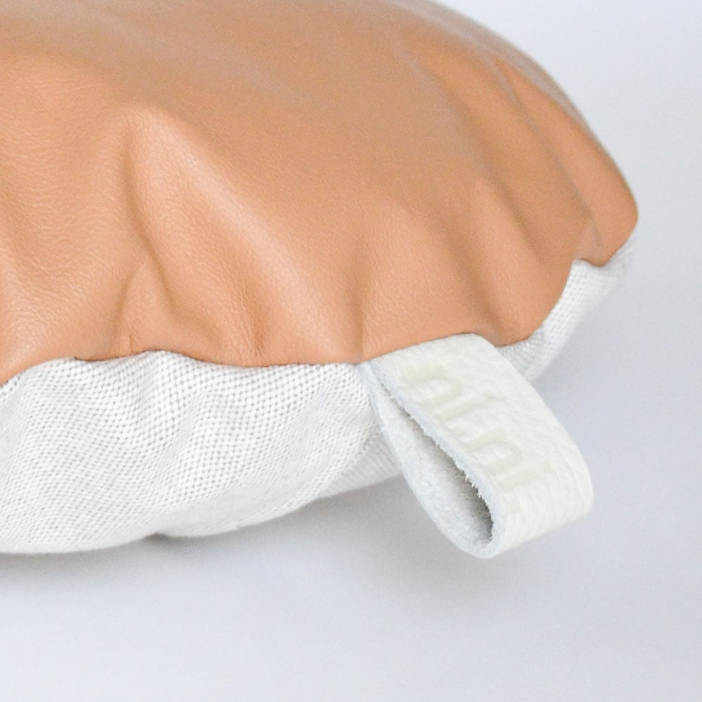 Image of Leather Tab Cushion Cover - Tan Round with Linen