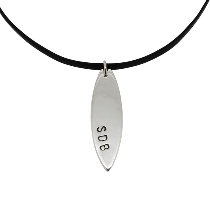 Personalised sterling silver surfboard pendant H&J