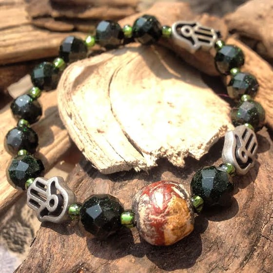 Image of Grounding ~ Nepal Antique Bead with Hamza Hand with Green Goldstone