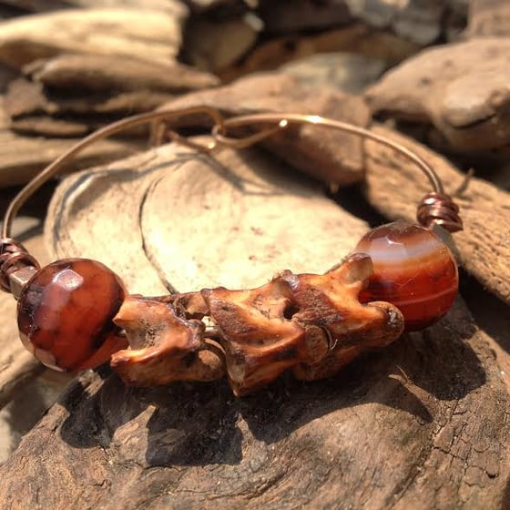 Image of Kundalini Energy Snake Vertabrae (cruelty free) and Agate Wire Brass Bracelet