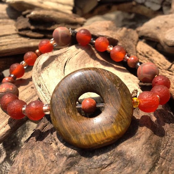 Image of Strengthen Chi Energy ~Tiger Eye and Goldstone, Tribal Agate and African Bead Bracelet