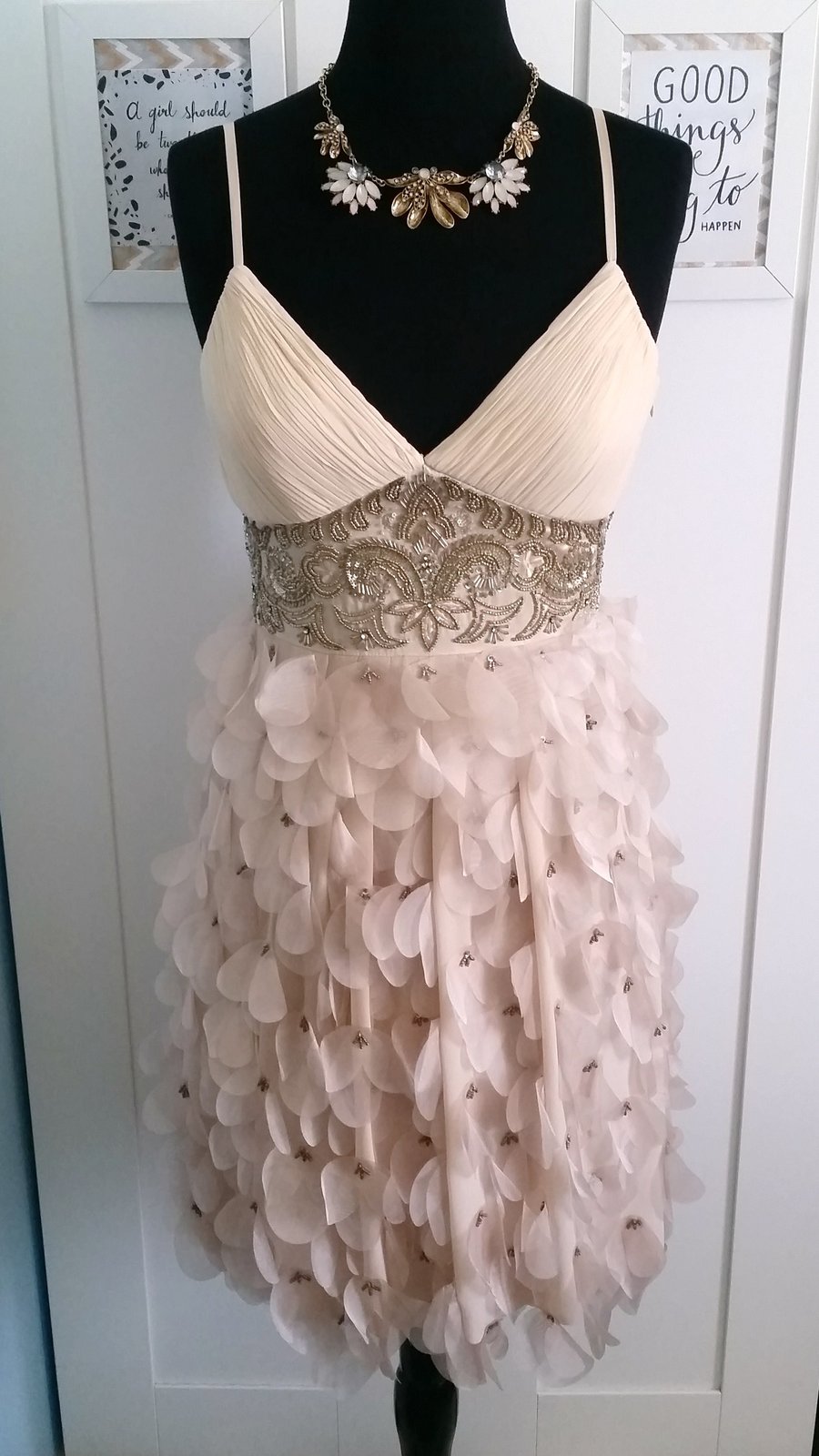 Image of Beaded and Chiffon Cream Cocktail Dress