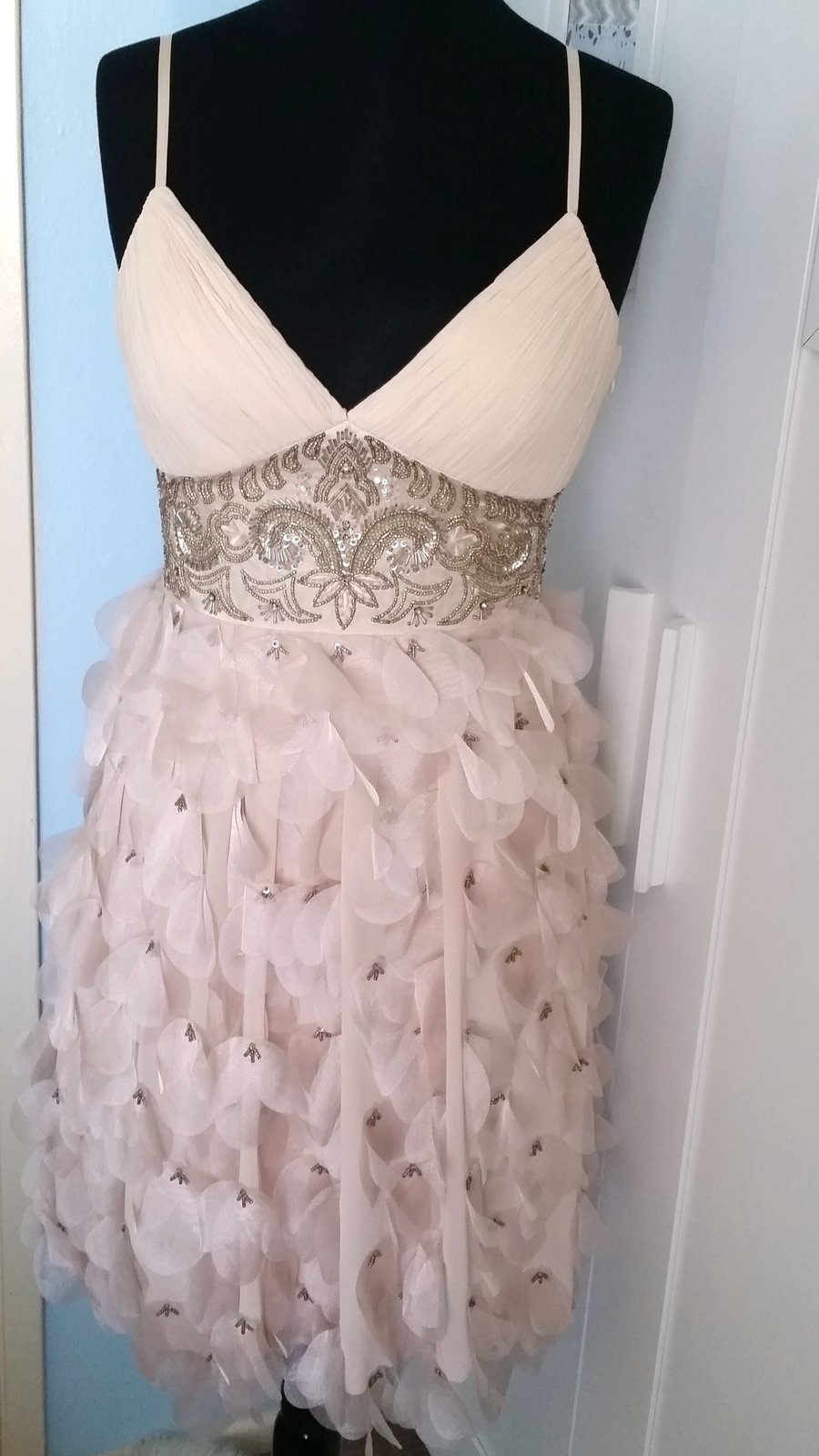 Image of Beaded and Chiffon Cream Cocktail Dress