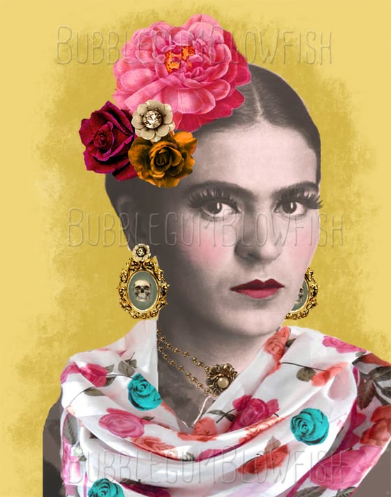 Image of Frida Kahlo with skull earings Digital Art Download