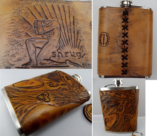 Image of Custom hand tooled leather covered flask. Your image/design or idea.
