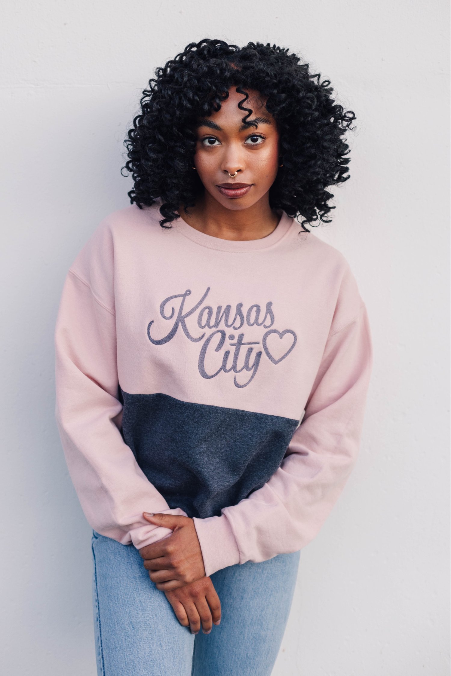 Image of LOVE, KANSAS CITY BLUSH/CHARCOAL COLORBLOCK CREWNECK 