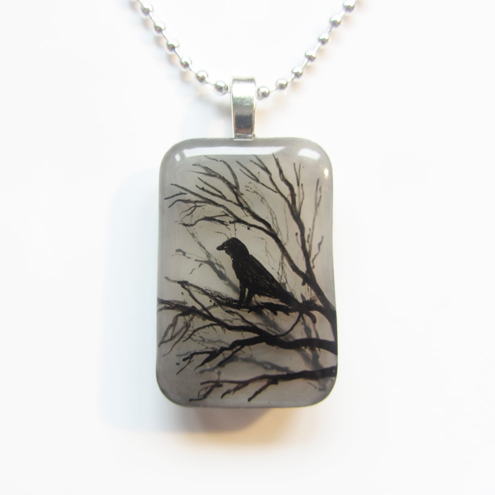 Raven on Tree Resin Pendant
