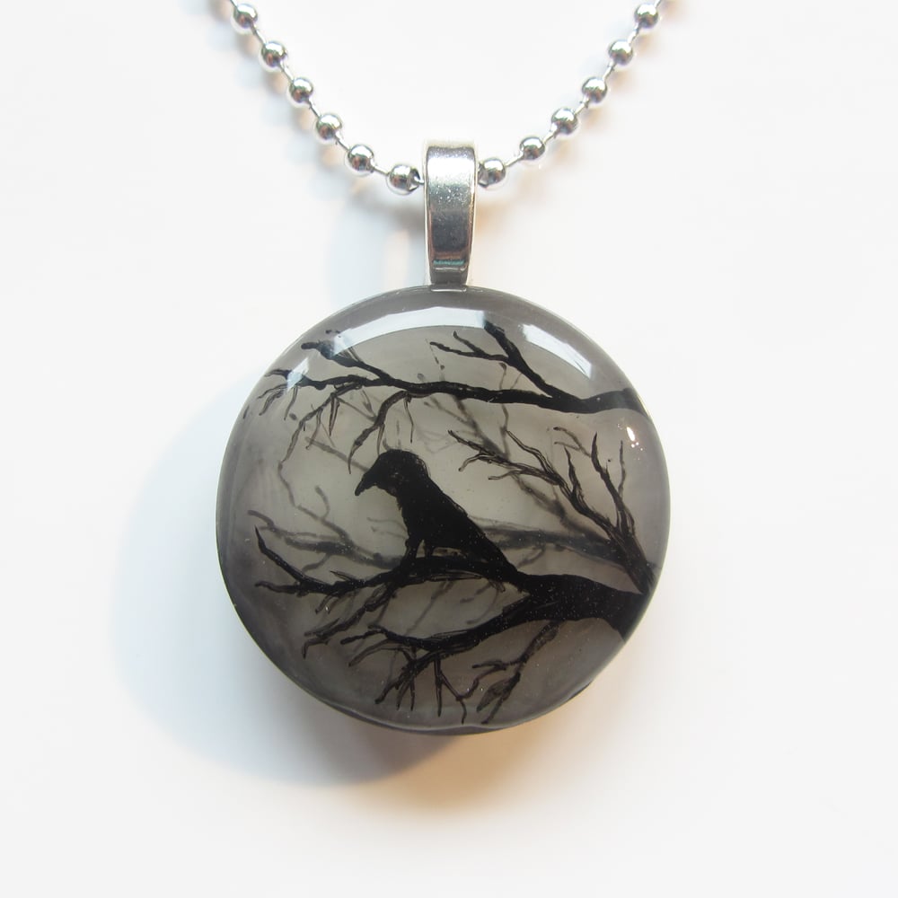 Raven on Tree Resin Pendant