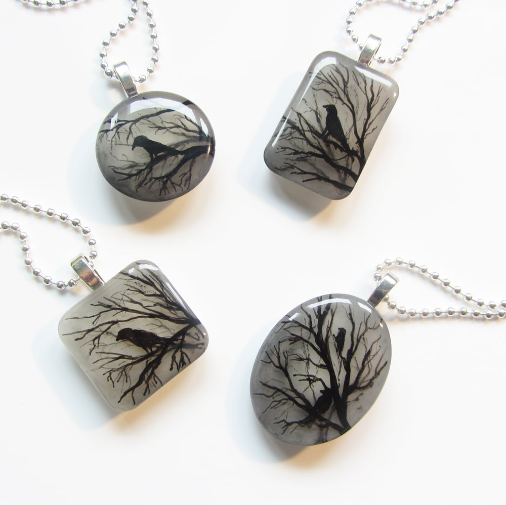 Raven on Tree Resin Pendant