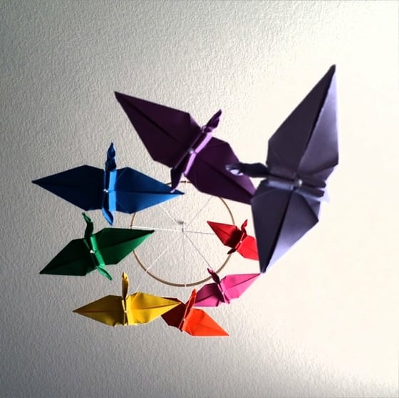 Image of Rainbow Origami Crane Spiral Mobile