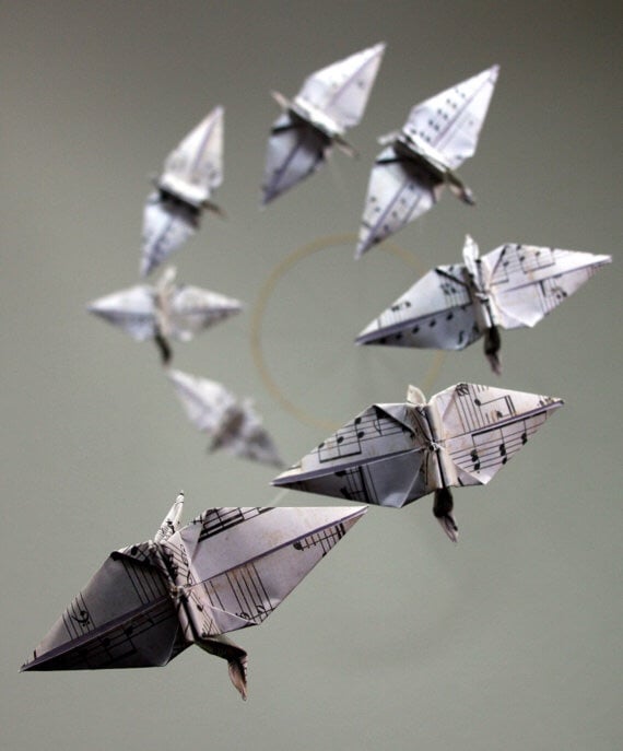 Image of Music Notes Origami Crane Spiral Mobile