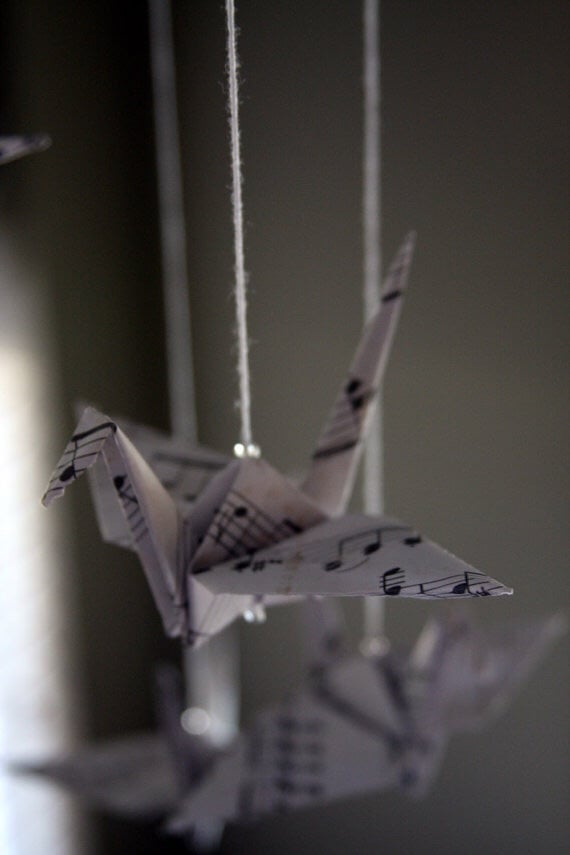 Image of Music Notes Origami Crane Spiral Mobile