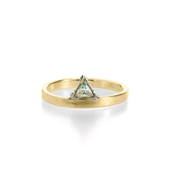 Image of triangle moissanite yellow gold engagement ring . R-1
