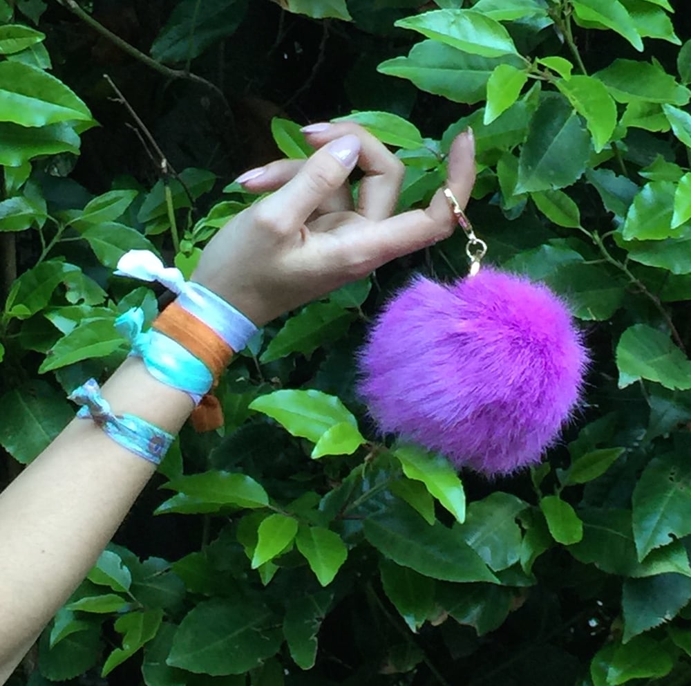 Purple Extra Large Pom Fur Key Chain Hair Tie Combo Pack Shop