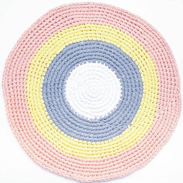 Image of Peach Grey Yellow & White Crochet Floor Rug