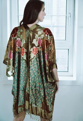 Image of Embellished Peacock Kimono - Olive Green 