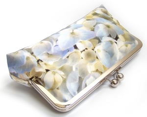 Image of Pastel hydrangea, printed silk clutch bag with optional chain handle